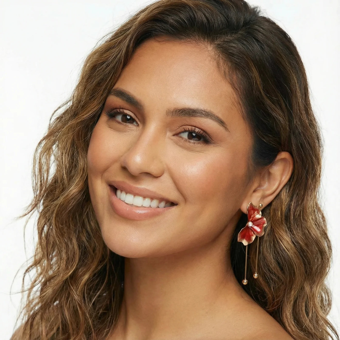 Model wearing Coral Veil Drop Earrings