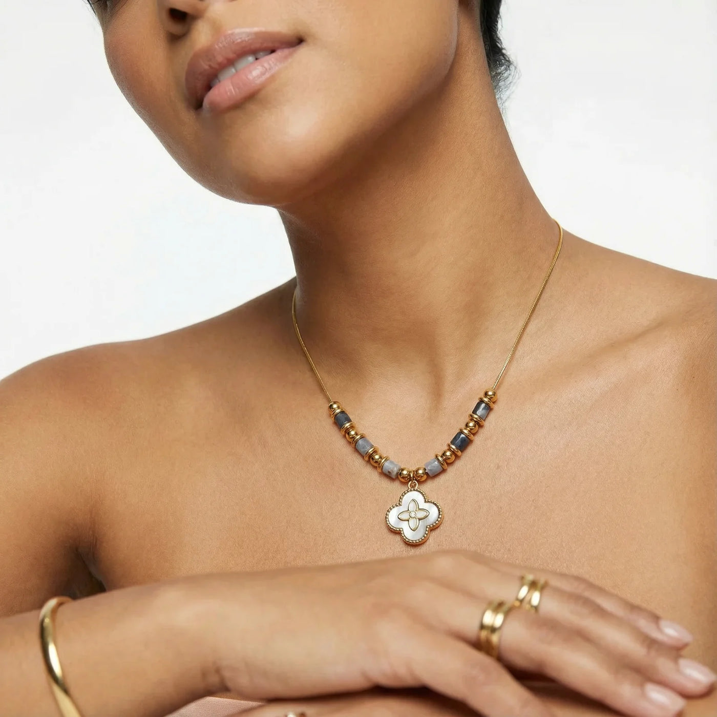 dogwood tide necklace on a model