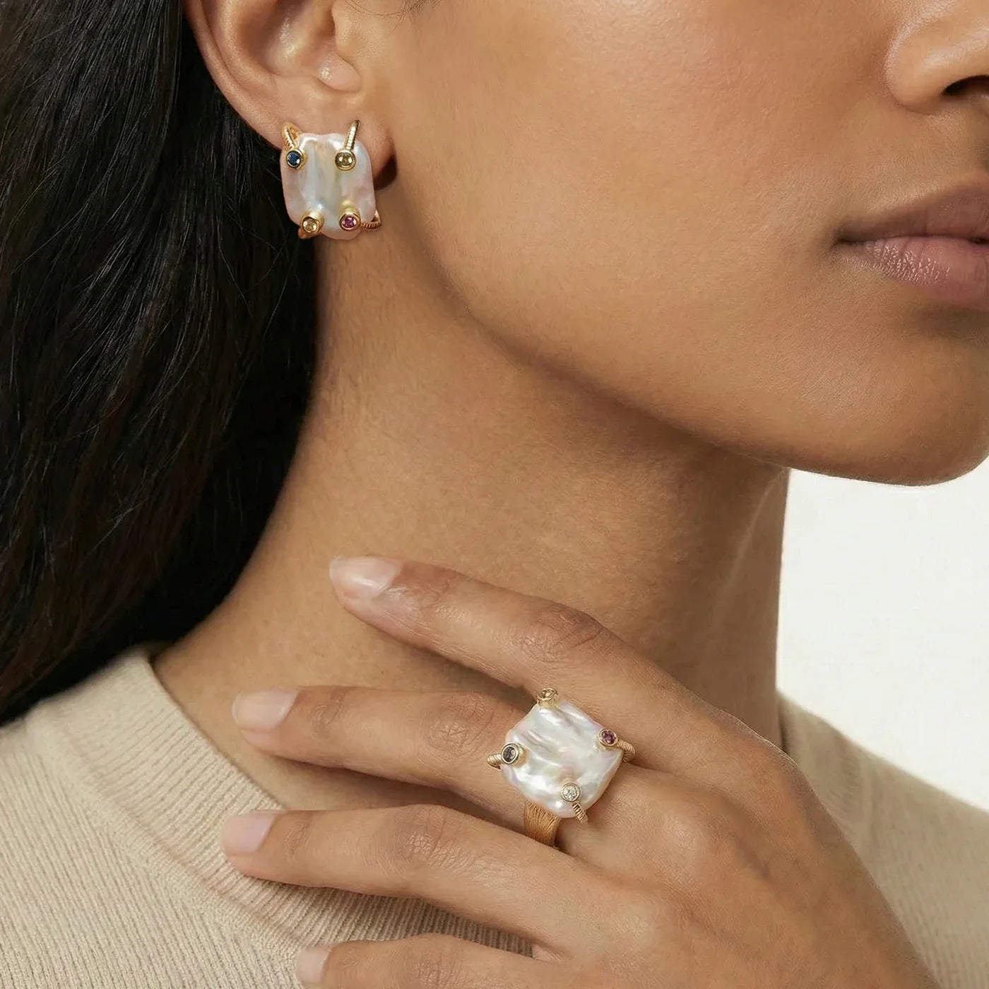 Elemental Baroque Pearl Ring and Earrings Set