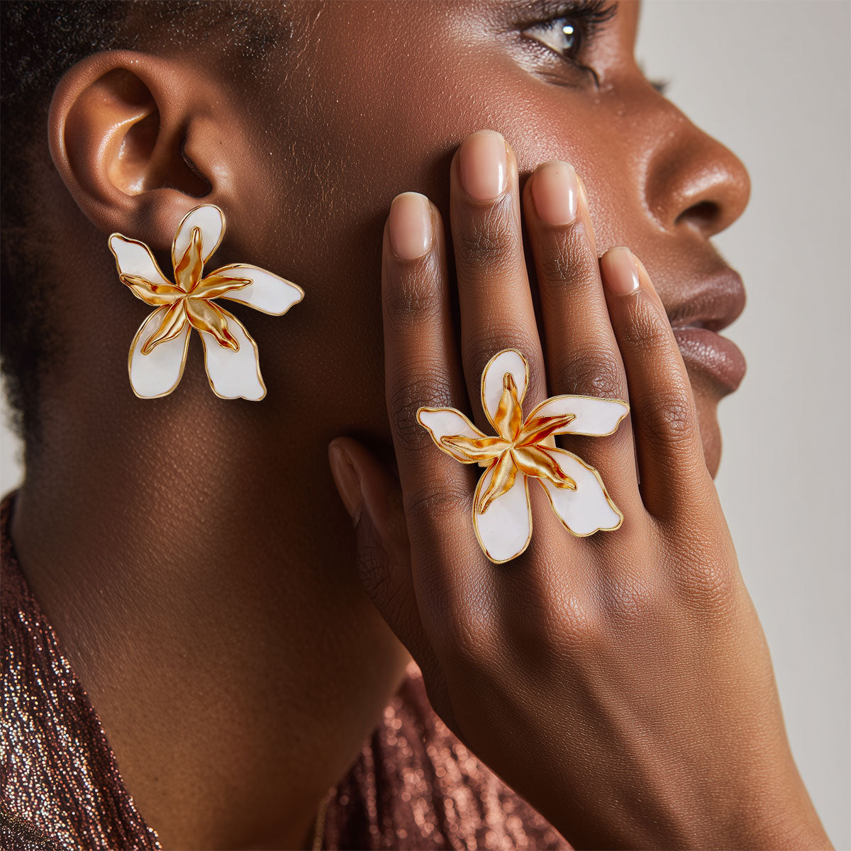Golden Magnolia Ring and Stud Earrings Set