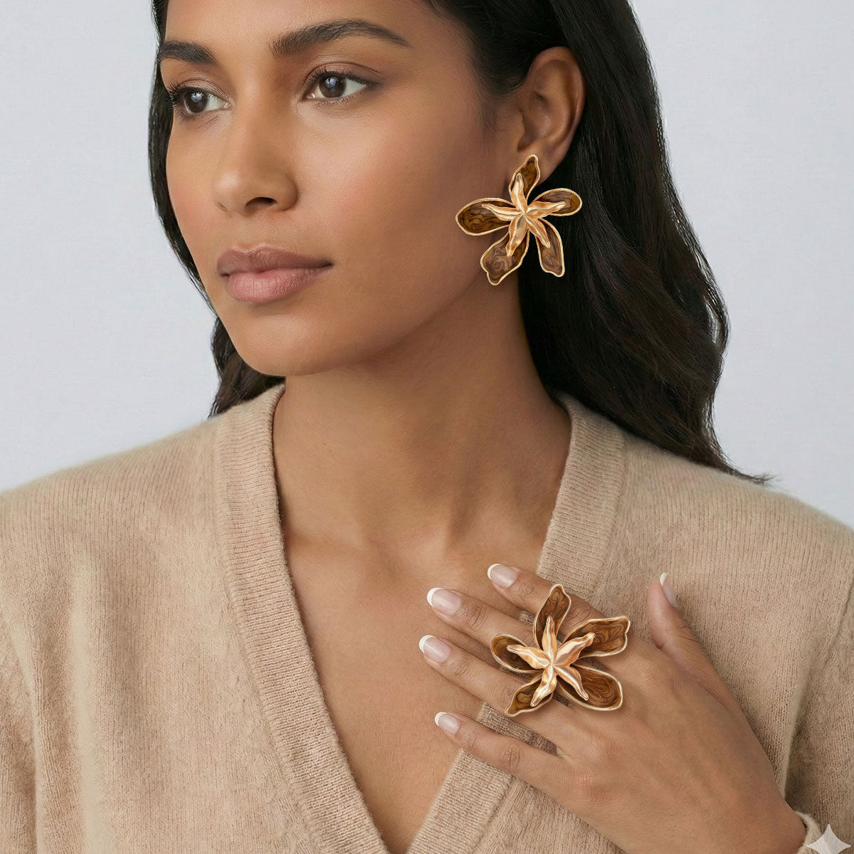 Mocha Magnolia Ring and Stud Earrings Set