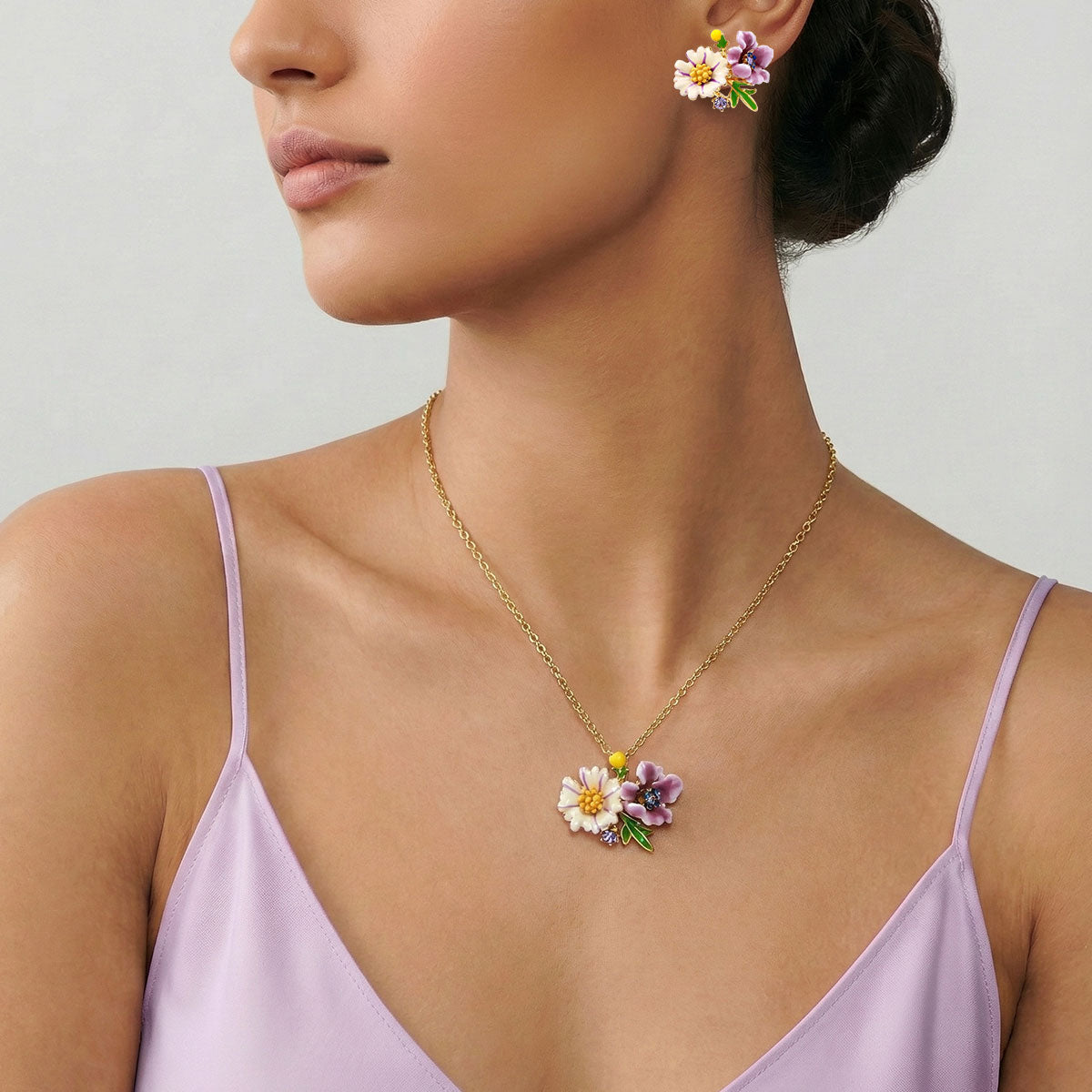 Purple Wildflower Stud Earrings and Necklace Set