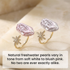 Two baroque pearl rings with gold accents on a beige surface, accompanied by text about natural freshwater pearls.