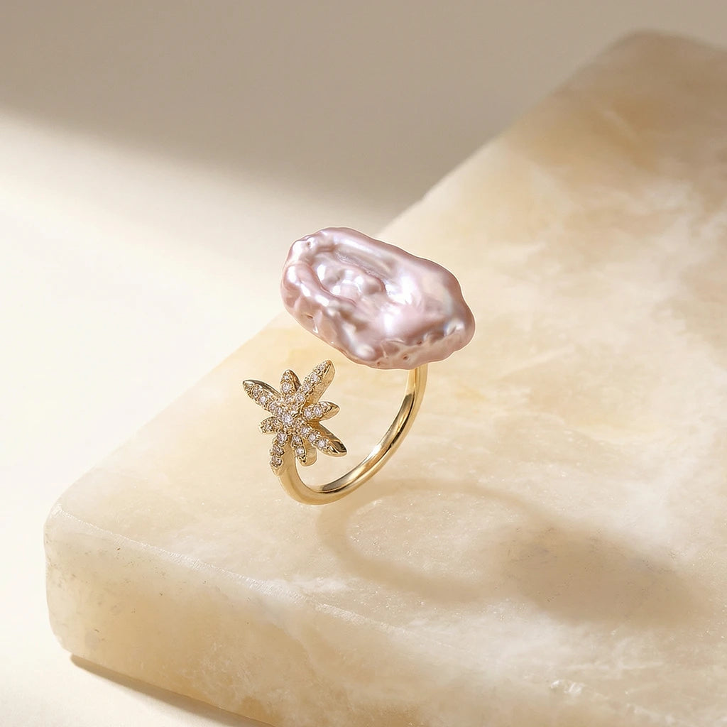Celestial Baroque Pearl Ring on a stone