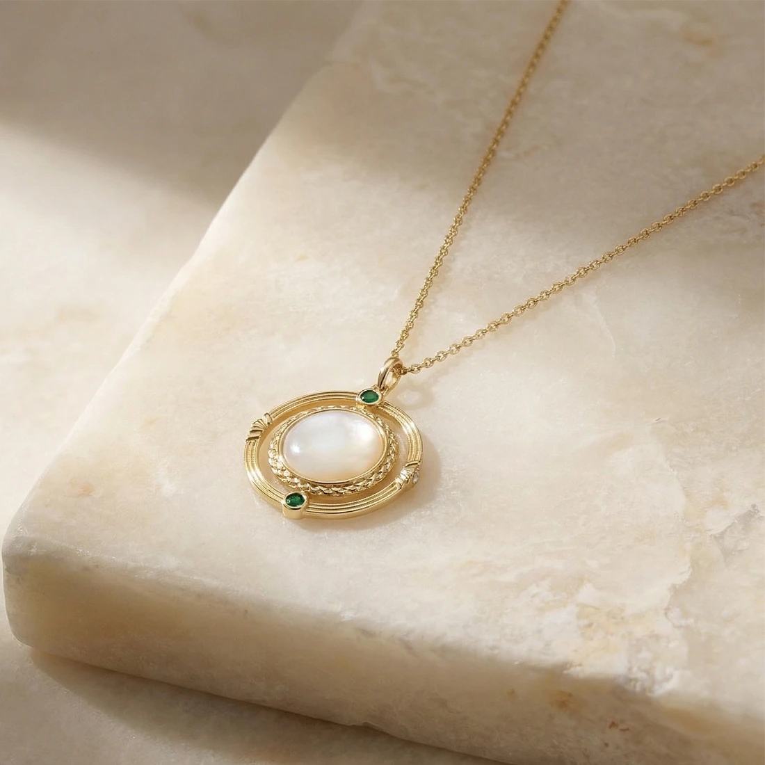Cosmic Mother of Pearl Pendant on a stone