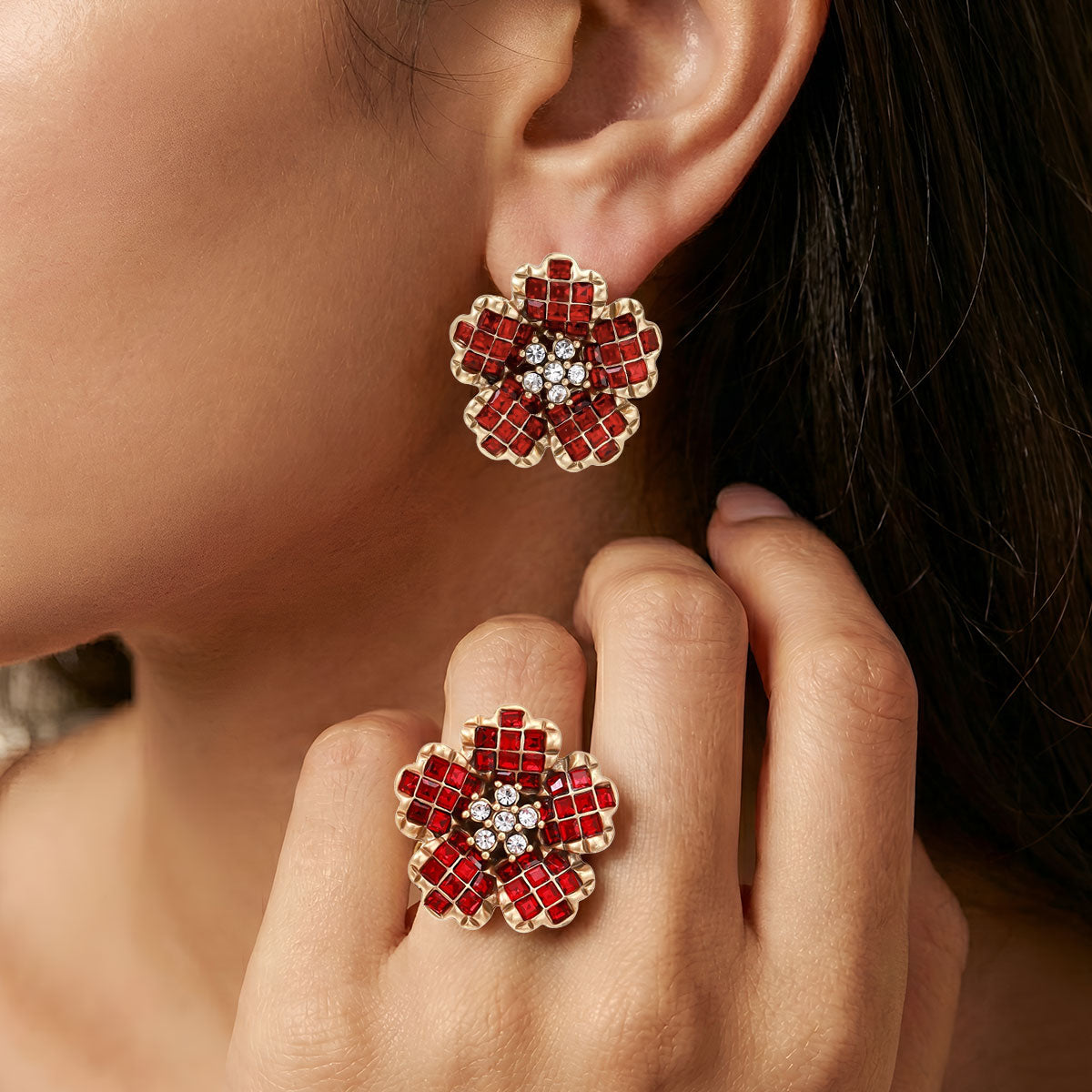 Crimson Bloom Ring and Earring Set
