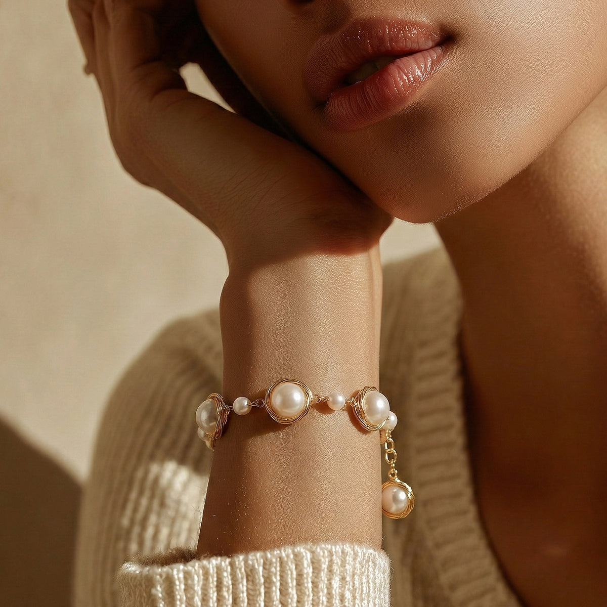Close-up of a person wearing a pearl bracelet on a neutral background