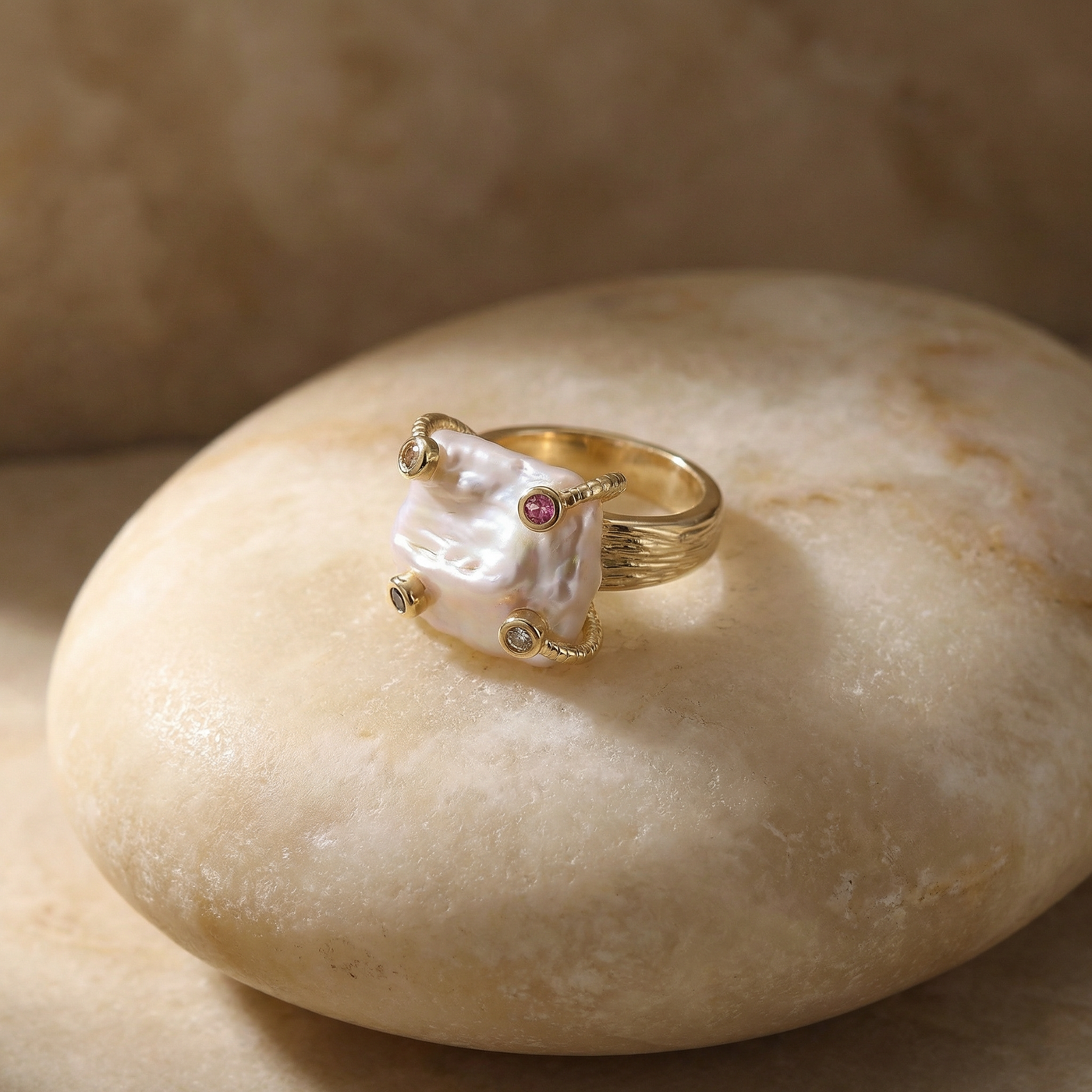 Elemental Baroque Pearl Ring on a stone