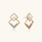 geometric Gold earrings with pearls and small diamonds on a white background