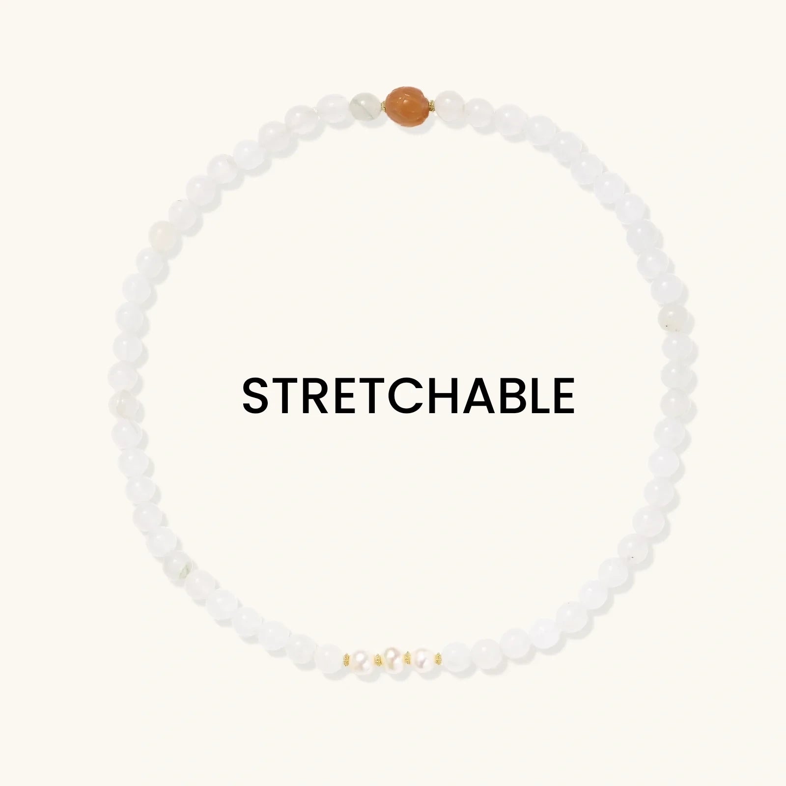 White beaded stretchable bracelet with a brown bead on a white background