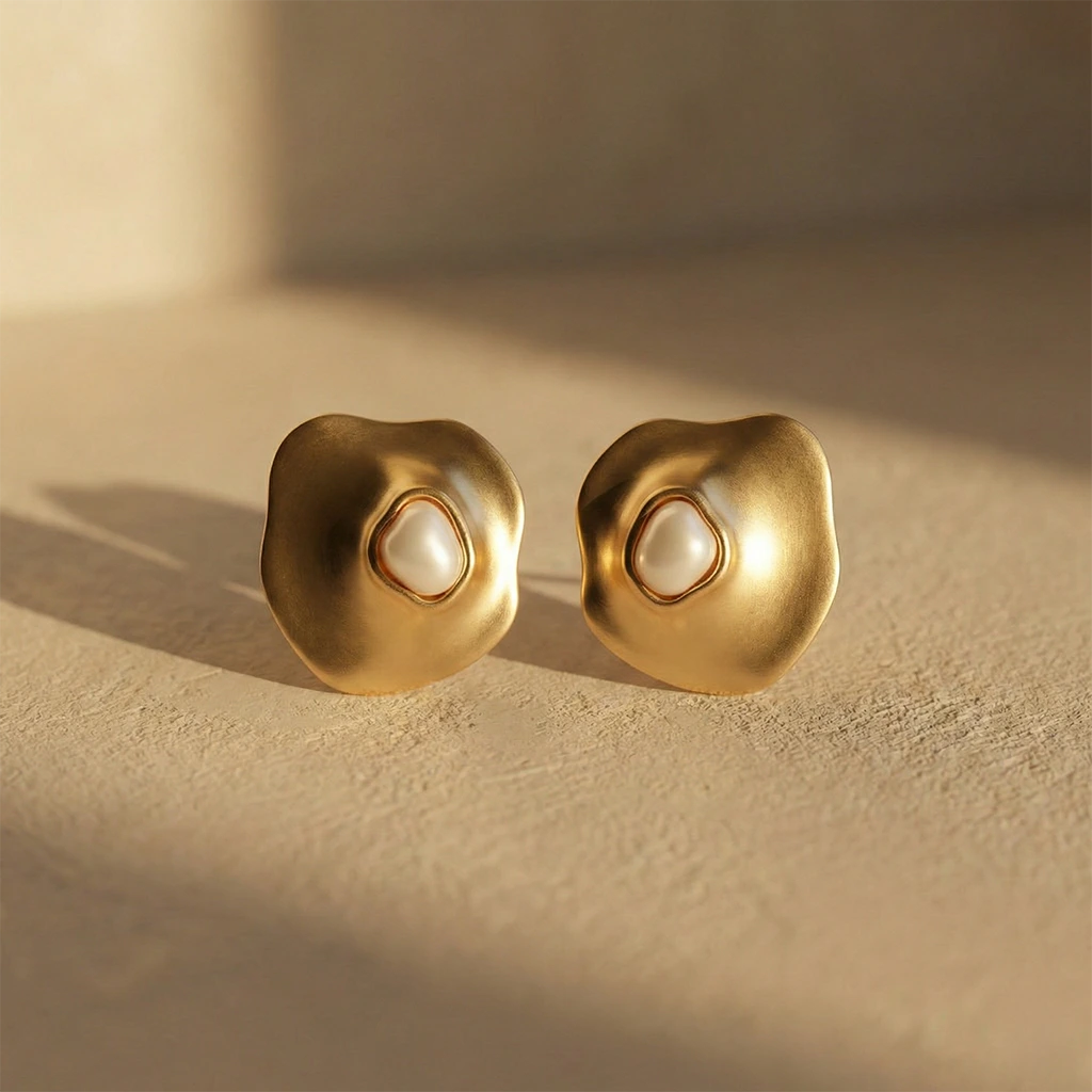 Sculptural fluid metal meets a luminous pearl center