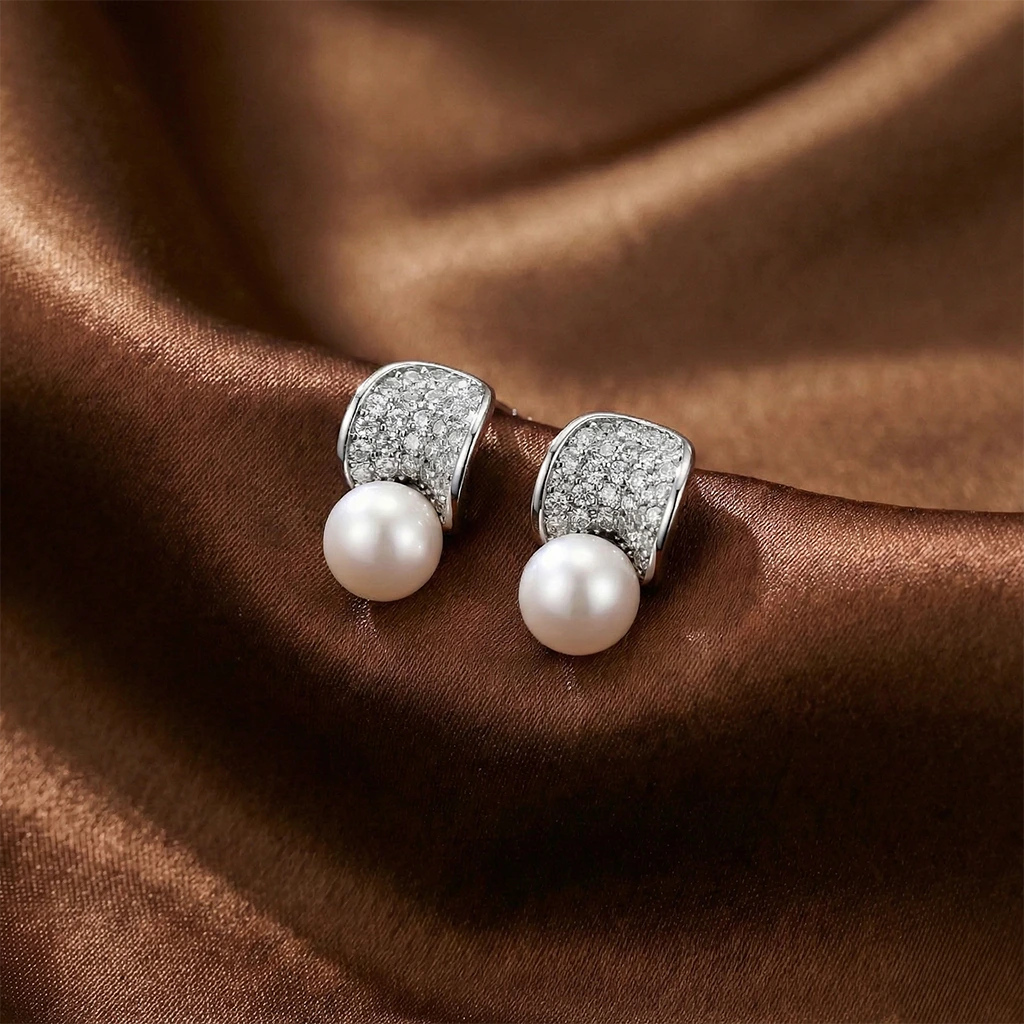 Moonshield Pearl Studs on fabric
