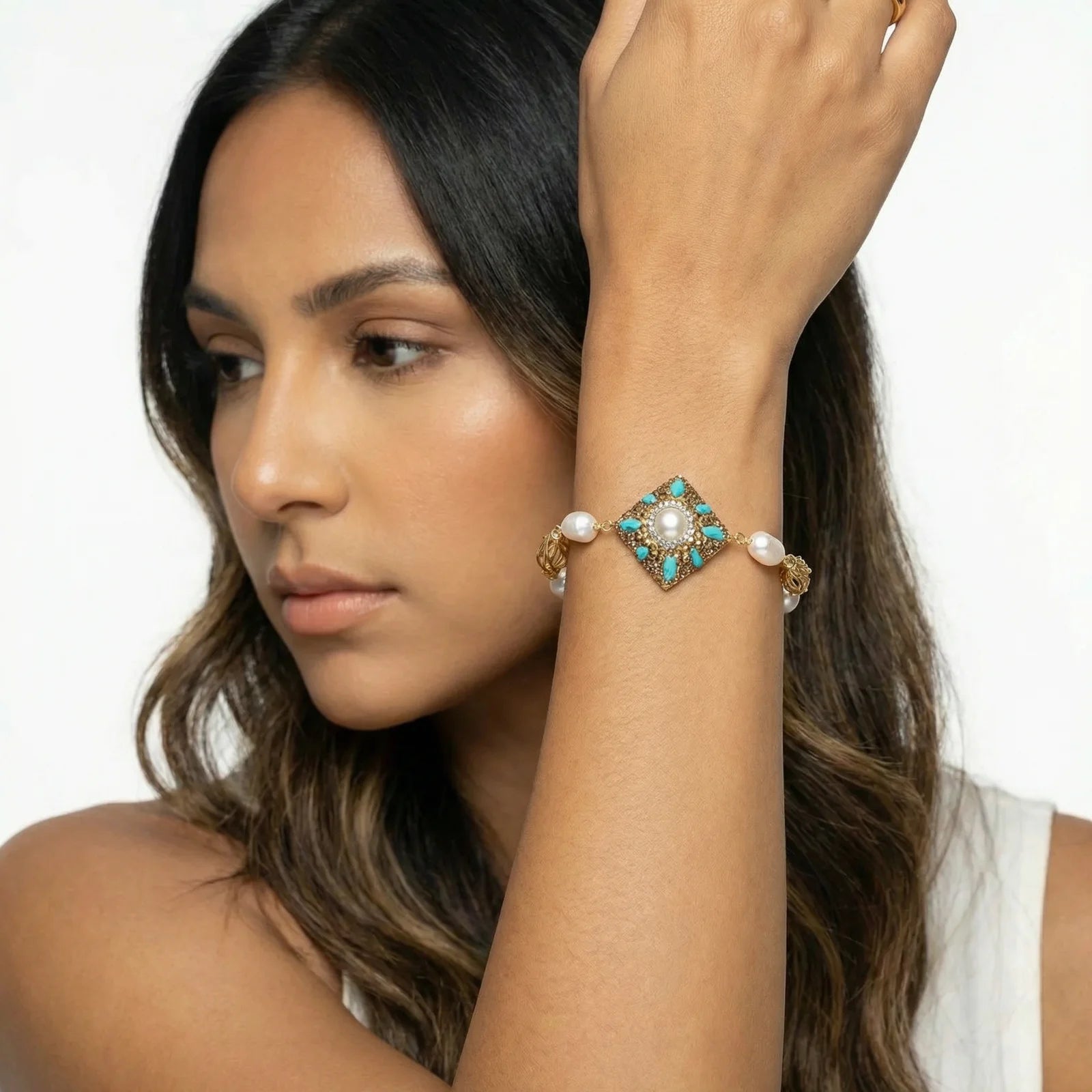 Woman wearing ornamental grounding bracelet