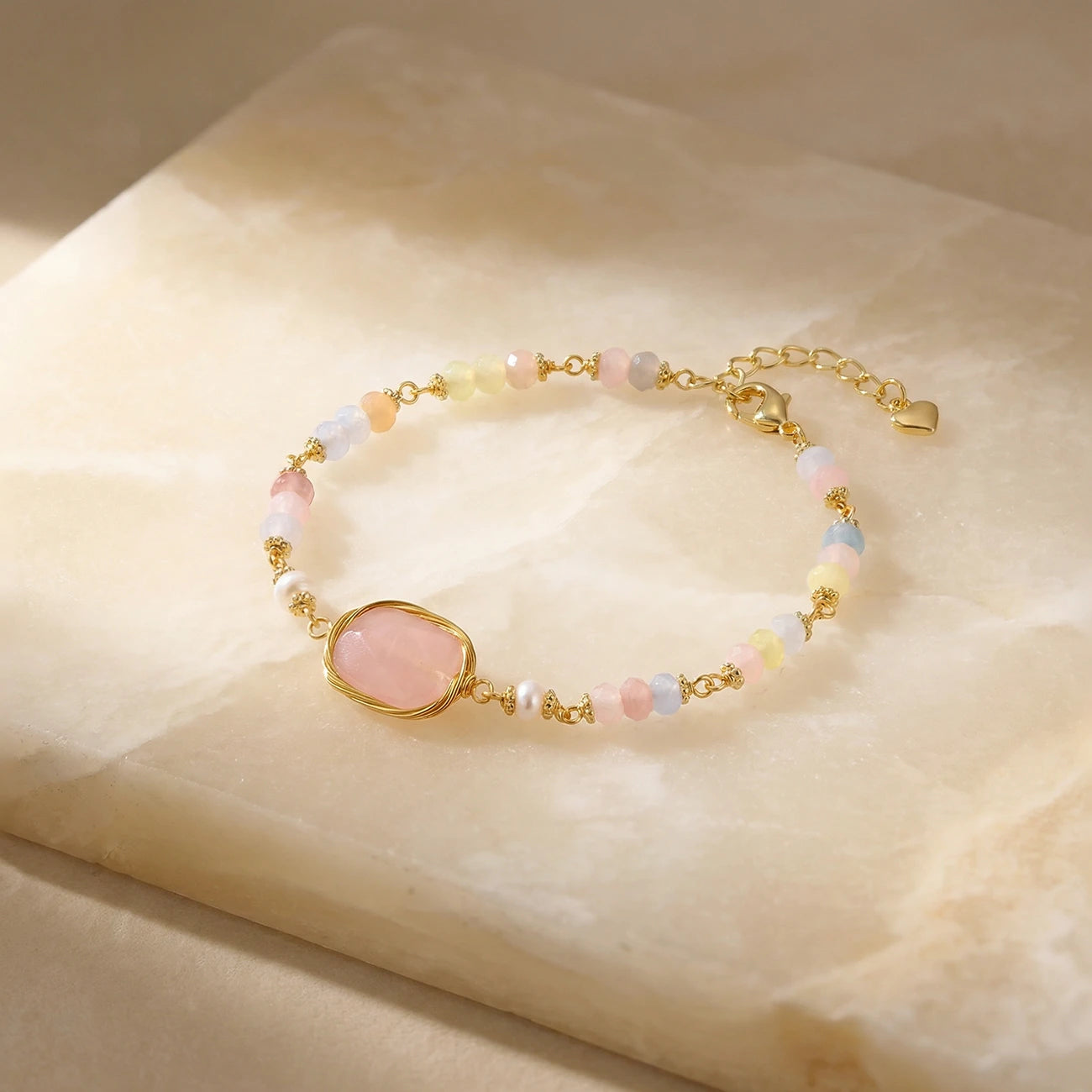 Pastel Rose Quartz Bracelet on a slab