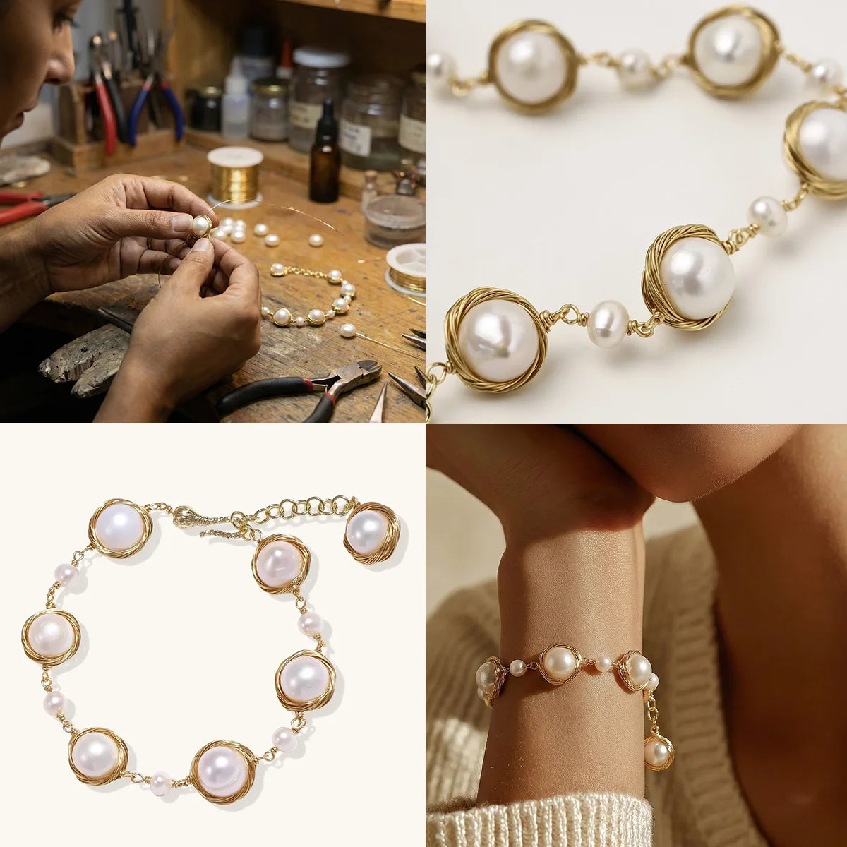 Collage of pearl and gold jewelry with a person working on it.