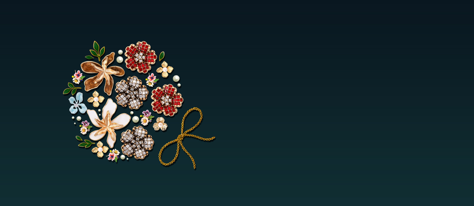 Floral jewelry bouquet featuring flower earrings, rings, and necklaces arranged in a botanical composition.