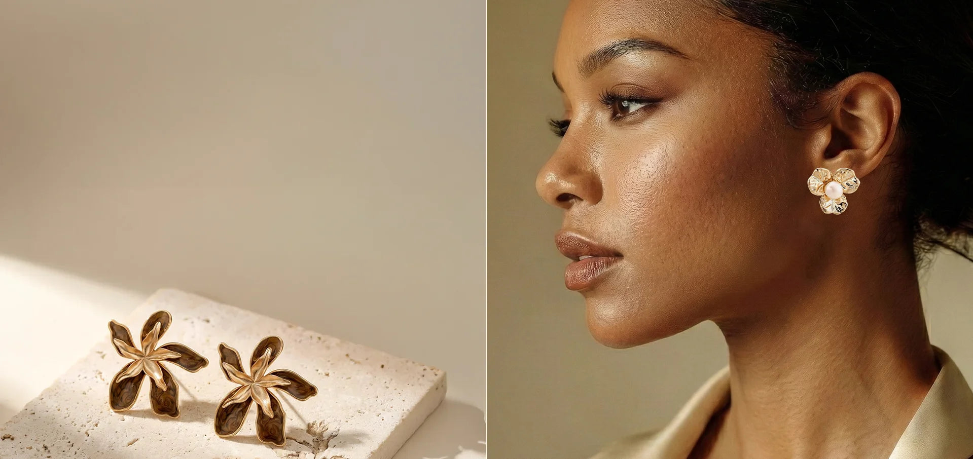Gold floral earrings on a stone surface with a close-up of a woman wearing them.