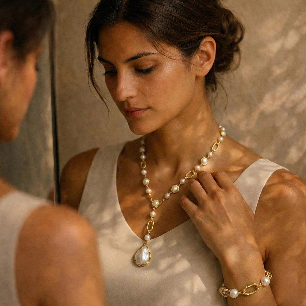 Woman wearing a pearl necklace and bracelet, looking at herself in the mirror.
